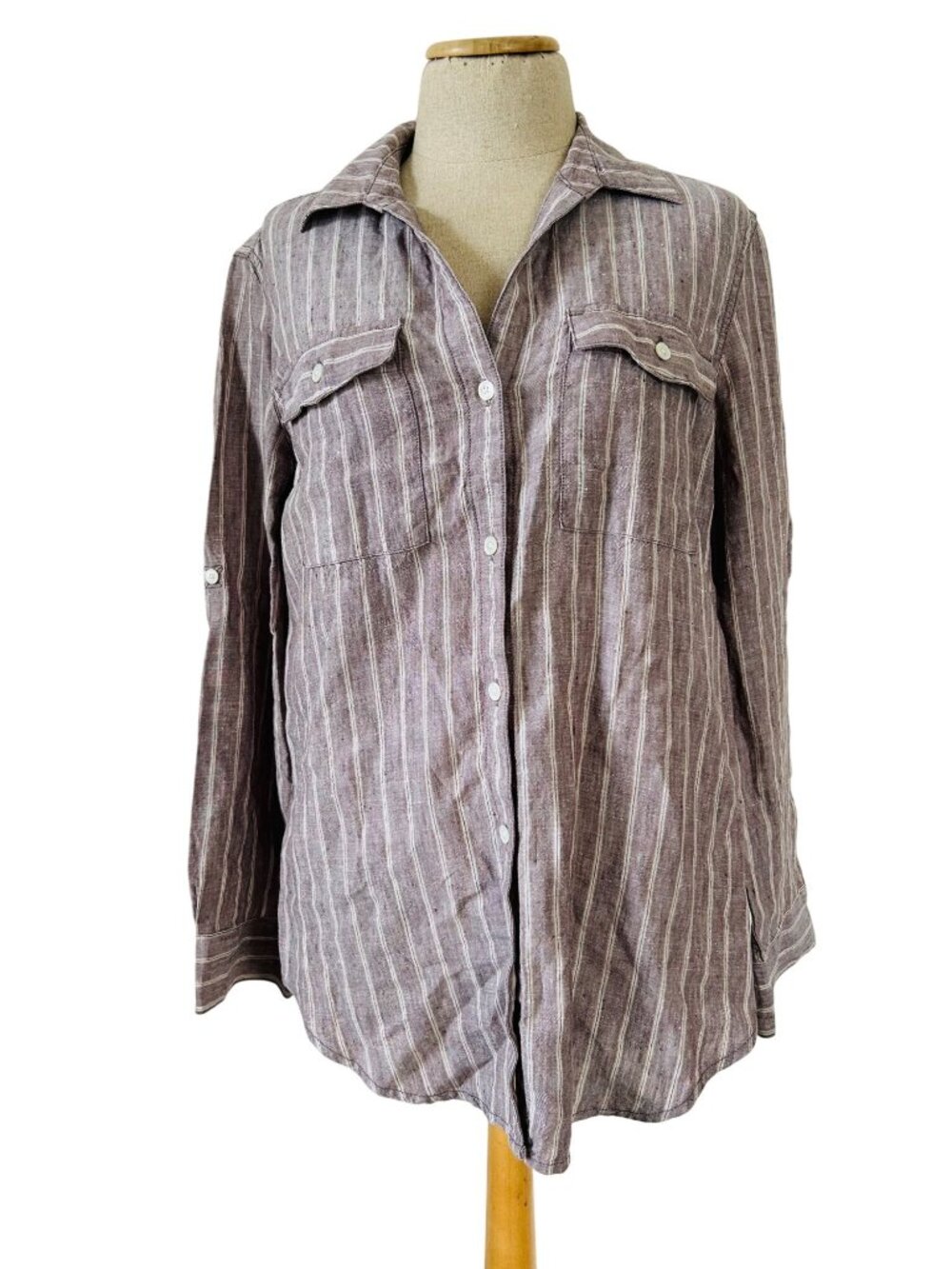 Tommy Bahama Womens Sz Small 100% Linen Striped Button-Down Shirt Long Sleeve